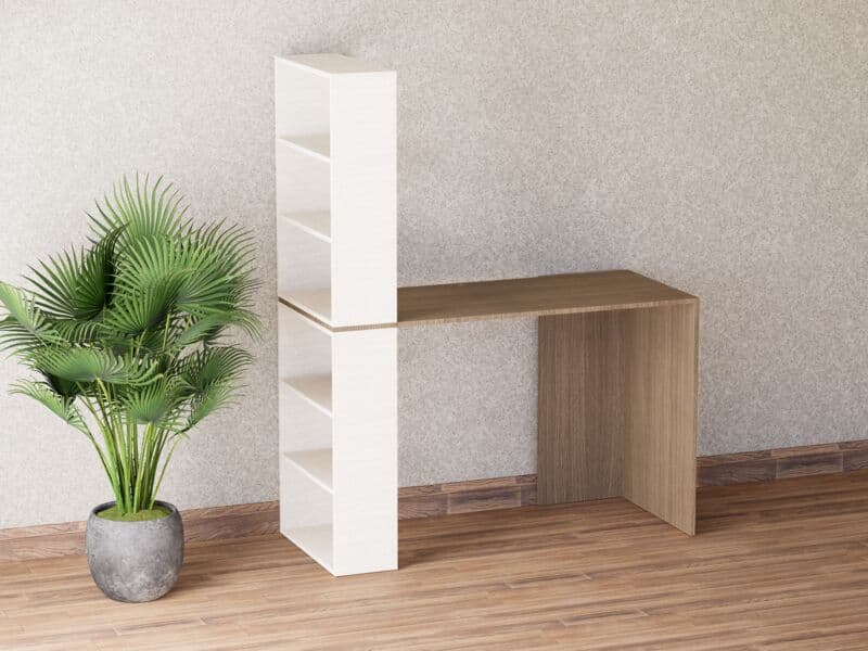 Render 3D: Escritorio con estantería lateral
